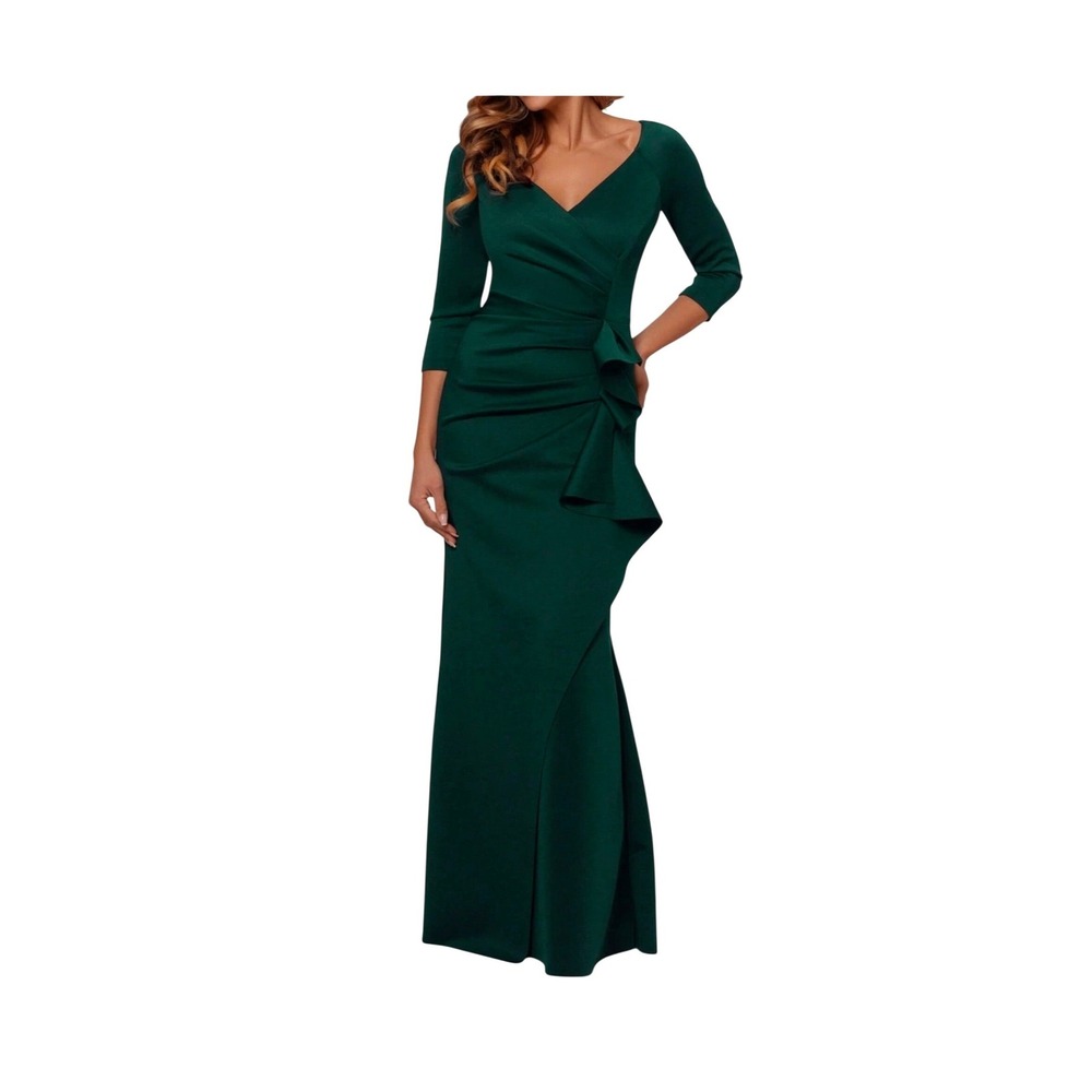 Xscape Waterfall Ruffle Ruched Formal Gown Dress‎ Emerald Green 4452x Sz 6 NWT